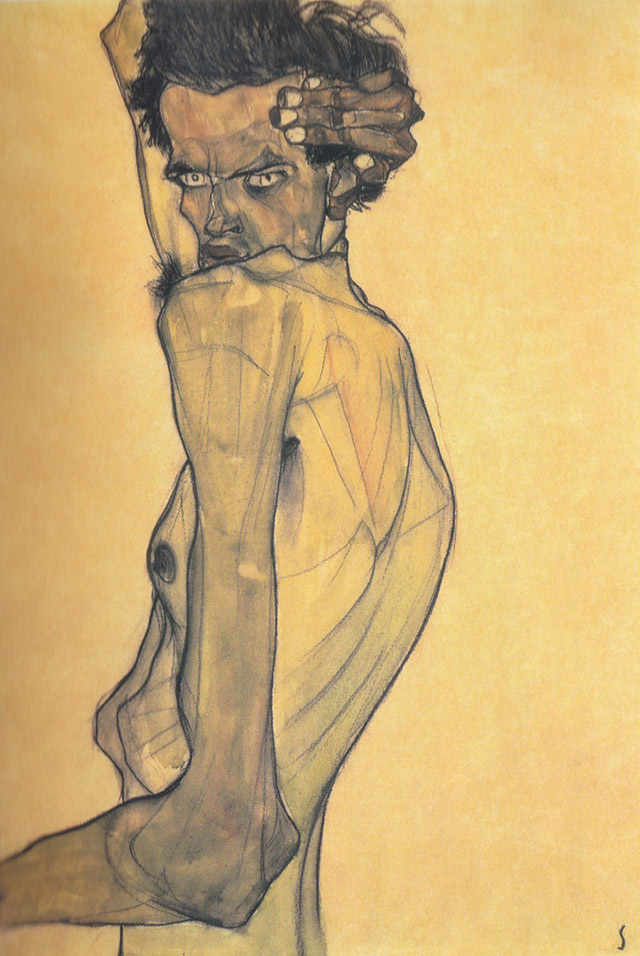 Автопортрет с рукой, подянтой над головой. Эгон Шиле. 1910.